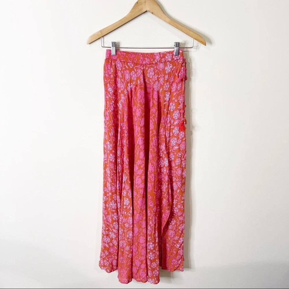 Poupette St. Barth Pink & Orange Egypt Floral Tasseled Ollie Maxi Skirt XS - Picture 2 of 8